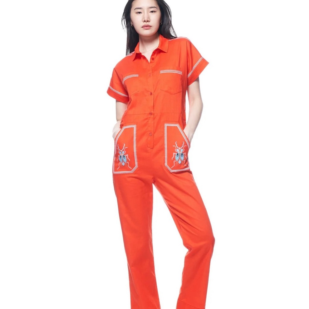 THE KIT. Orange Utility Jumpsuit with Rolled Sleeves and Collared Neckli…